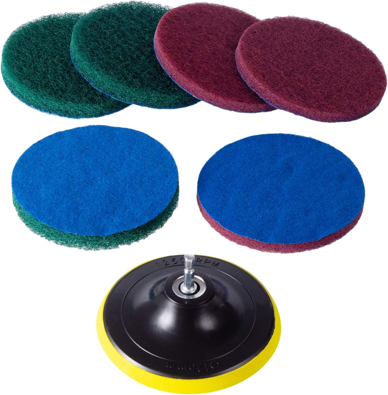 5 Inch Drill Powered Brush Tile Scrubber Scouring Pads | 2 Different Stiffness, 5" Pad Holder with 6 Scrubbing Pads, Cleans Large Flat Areas Perfectly (Drill NOT Included)