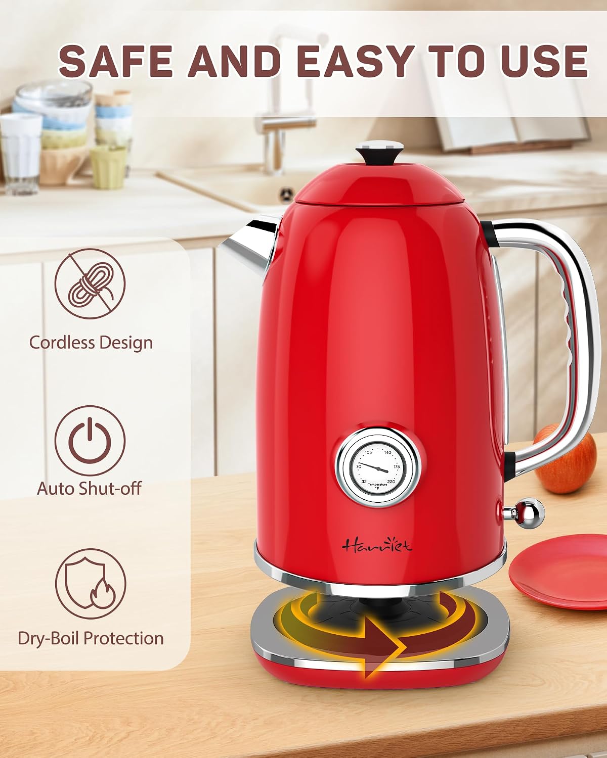 Harriet Electric Kettle, 1.8L Retro Electric Tea Kettle with Thermometer, 1500W Stainless Steel Hot Water Kettle Electric with LED Indicator, Fast Boiling, Cordless, Auto Shut-Off, Yellow