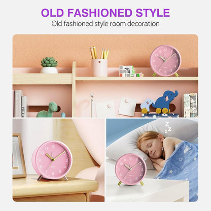 Back to School Silent Analog Quartz Alarm Clock for Kids Bedroom,Night Light, Battery Operated, Fashionable Round Metal