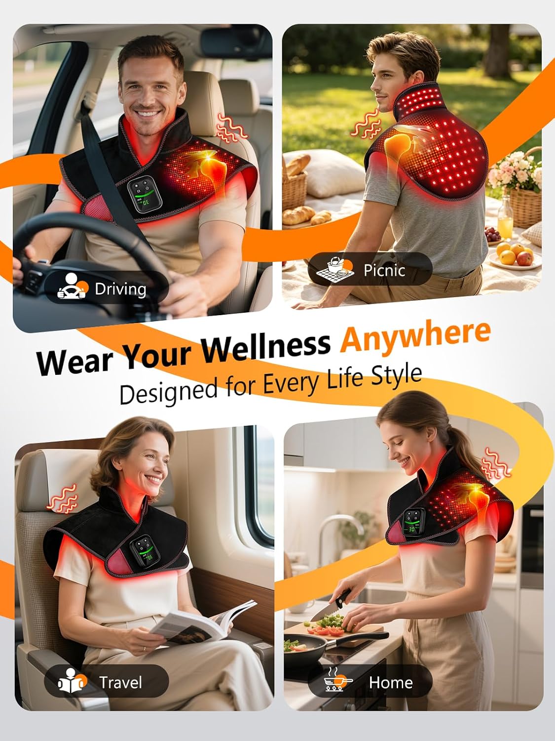 Red Light Therapy for Neck Shoulder 118 LEDs with Heat & Vibration | Infrared Light Pad with 354 Beads 660nm & 850nm, 5000mAh Cord-Free Controller, for Upper Back, Shoulder, Neck, Black