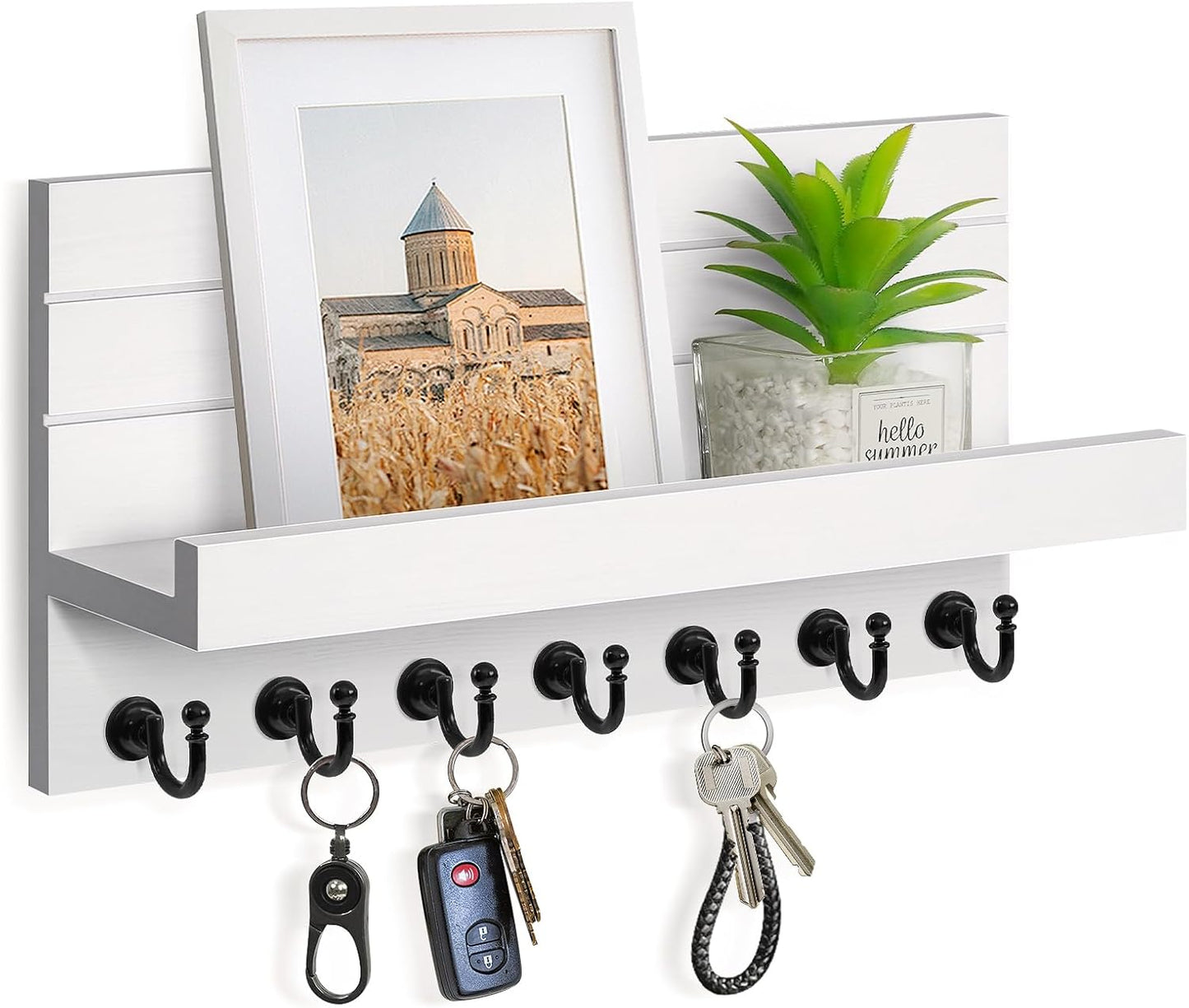 HONJIN Key Holder Wall Mount with Shelf and 5 Sturdy Key Hooks (White) | Key and Mail Holder Wall Mount, Wooden Entryway Organizer and Decorative, Easy Installation, 10*3.8*6.85 Inch