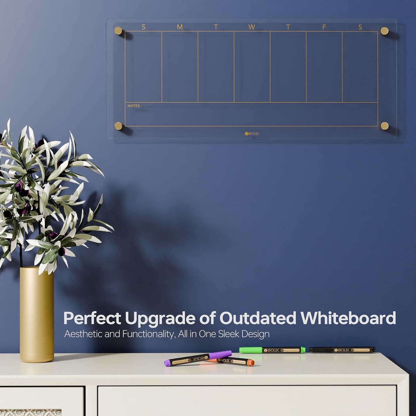 Yeoux Clear Glass Golden Weekly & Menu Dry Erase Calendar Board 15“x11 | Wall Mount, Non-Magnetic, Meal Planning & Grocery Shopping List Whiteboard for Kitchen & Home, 4 Markers