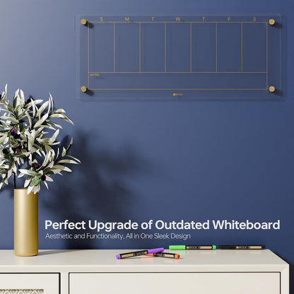 Yeoux Clear Glass Golden Weekly & Menu Dry Erase Calendar Board 15“x11 | Wall Mount, Non-Magnetic, Meal Planning & Grocery Shopping List Whiteboard for Kitchen & Home, 4 Markers
