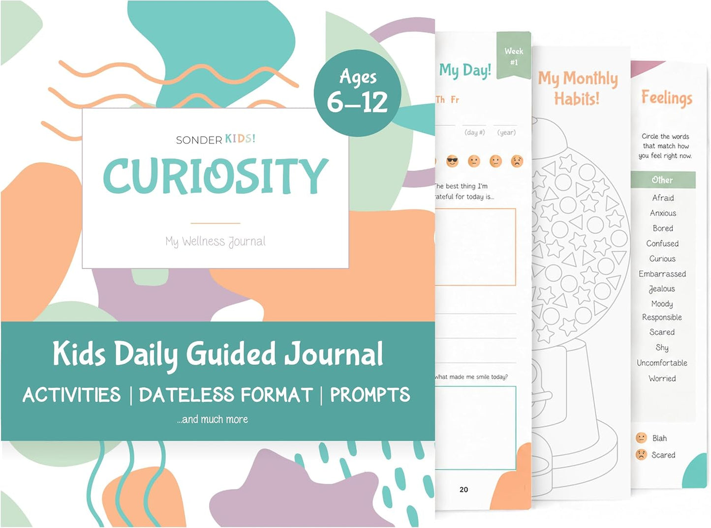 Sonder Kids Wellness Gratitude Journal - Kids Journal for Girls and Boys, Hands-On Activities like Crosswords, Coloring and Nature Prompts, Undated, Ages 6-12, 56 pages