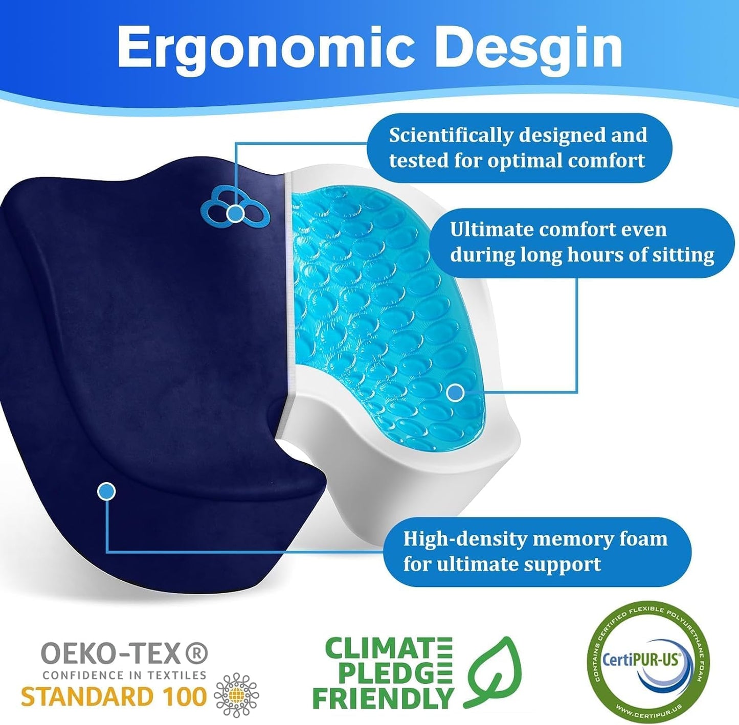 CushyOasis Seat Cushion, Gel Memory Foam Office Chair Cushions, (Black) | Chair Cushion, Anti-Slip Bottom & Removable Cover Tailbone Pain Relief Cushion, Memory Foam Seat Cushion for Office