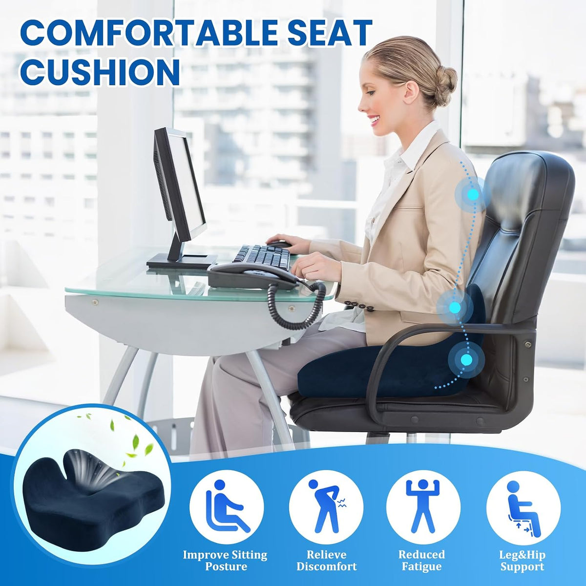 CushZone Ergonomic Seat Cushion, Sciatica Support for Office Chair, Black