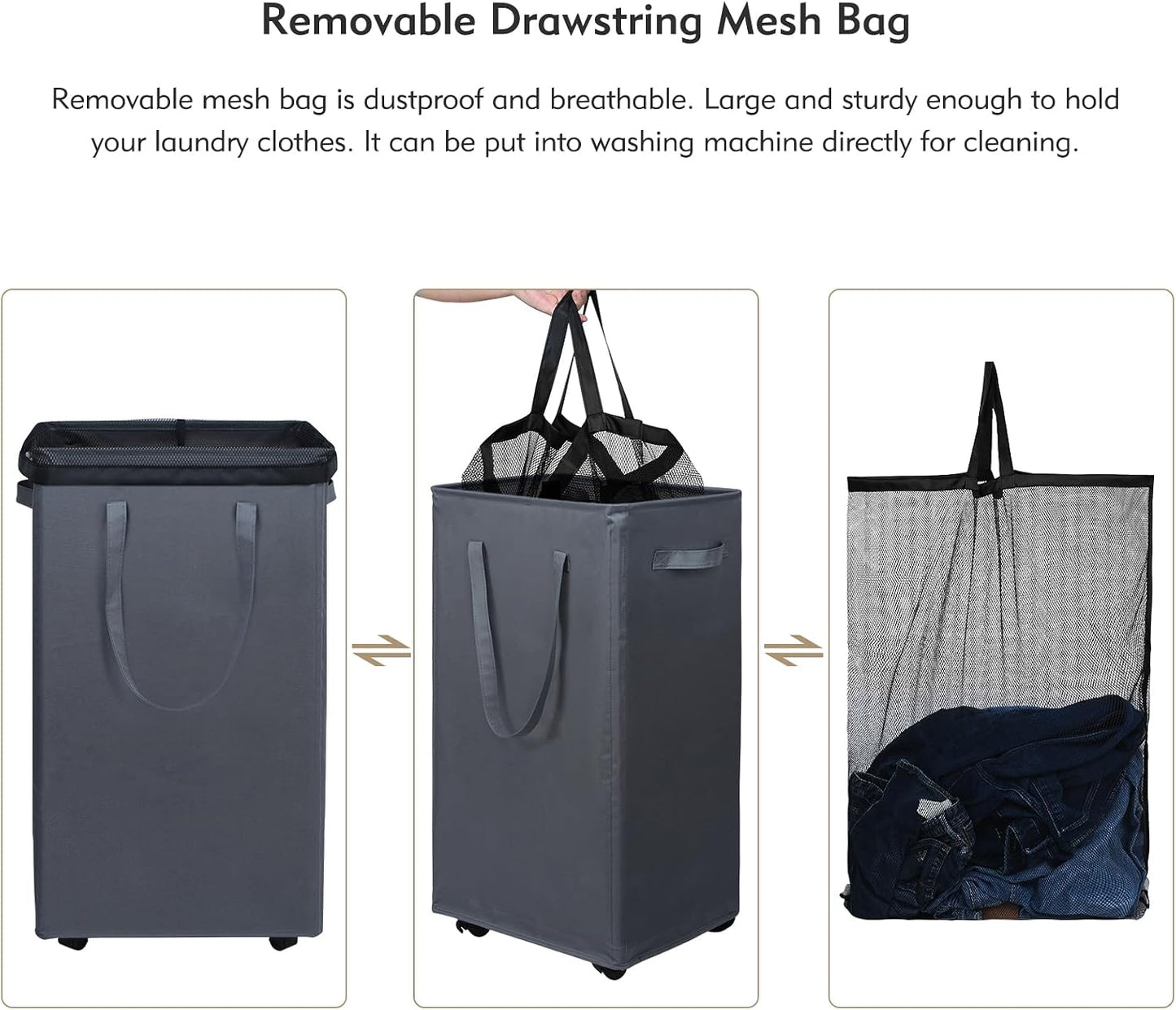 DOKEHOM 25" Slim Rolling Laundry Basket Hamper, Narrow on Wheels, Grey | Collapsible narrow laundry hamper with mesh drawstring closure. Foldable corner clothes storage bin for small spaces