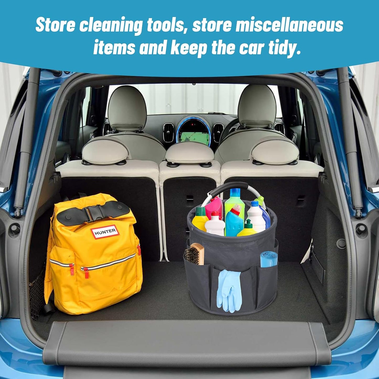 Qivine 17L Cleaning Caddy with Handle, Foldable Cleaning Supply Caddy(Blue) | Cleaning Caddy for Cleaning Supplies, Portable Cleaning Supplies Organizer with 6 Pockets, Cleaning Bucket for Kitchen Garden