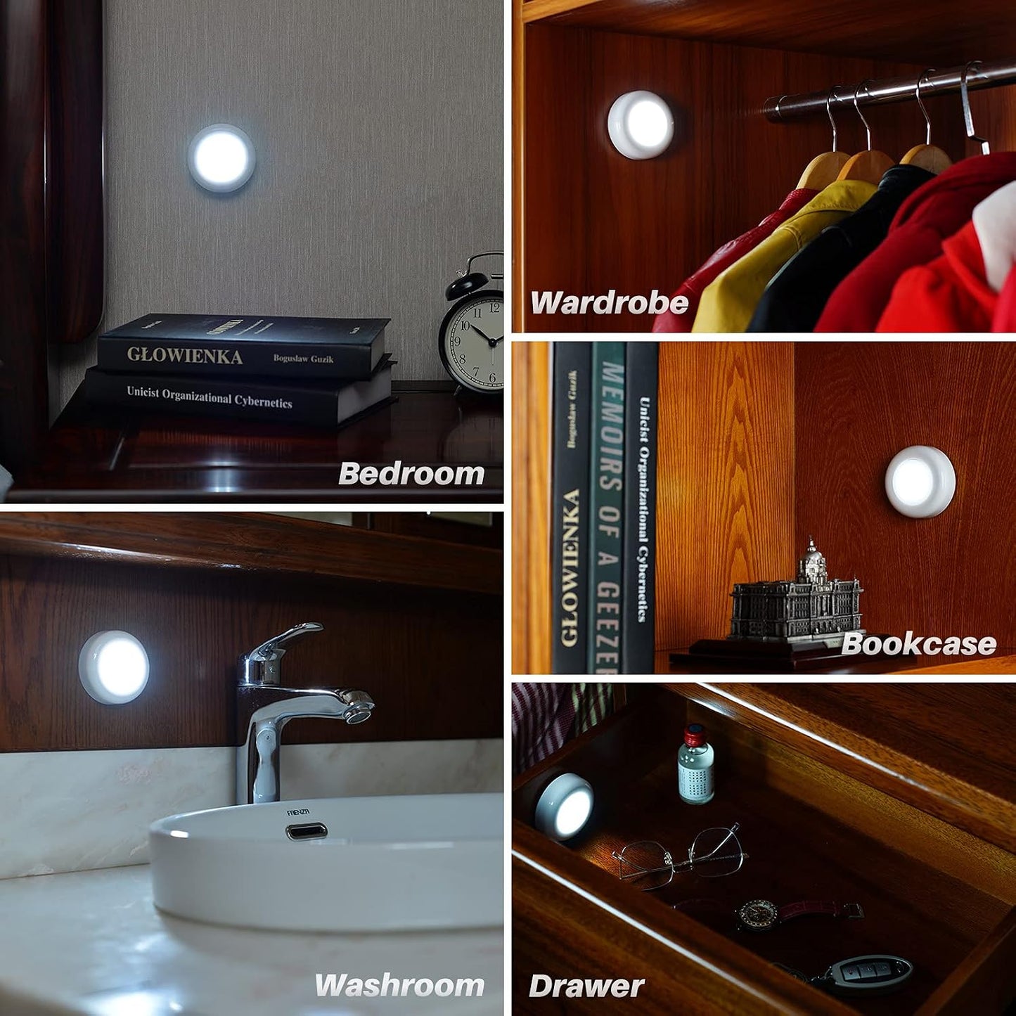 STAR-SPANGLED 2.8” LED Puck Lights Under Cabinet AAA Battery, 5 Pack White | Mini Touch Lamp Battery Operated Powered, DIY Strong Adhesive Stick on Push Tap Light for Kitchen, Closet, Pantry, Shelf