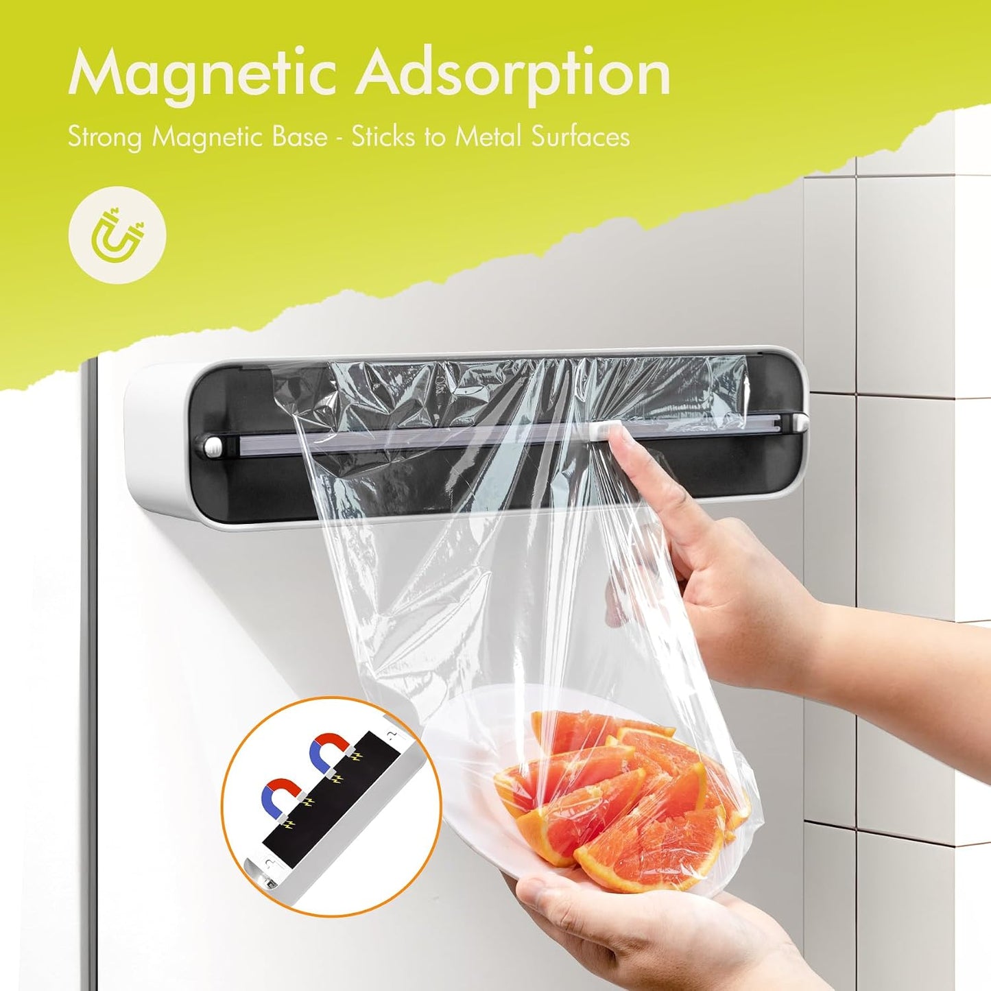 Aluminum Foil & Plastic Wrap Dispenser with Cutter - Magnetic & No-Drill Wall Mount, Cling Film Dispenser for Countertops & Cabinets, Space-Saving Kitchen Organizer - Fits 150 m Rolls, Black