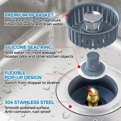 3 in 1 Kitchen Sink Drain Strainer Stopper Removable Basket Pop-Up | Kitchen Sink Food Strainer 1 Pack Silver Stainless - Food Catcher, Odor-Block Seal, Fits 3.5" Drain, Easy Clean