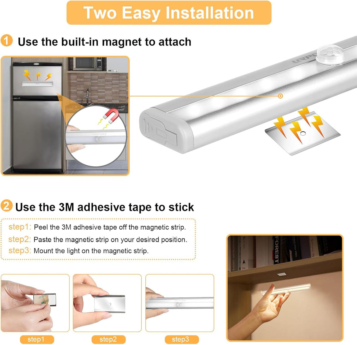 URPOWER Motion Sensor Light Indoor, 10 LED Motion Sensor Closet Lights Battery Operated Magnetic Under Cabinet Lights Strip Wireless Stick Up Night Lights Bar for Hallway Stair (1 Pack, Warm White)