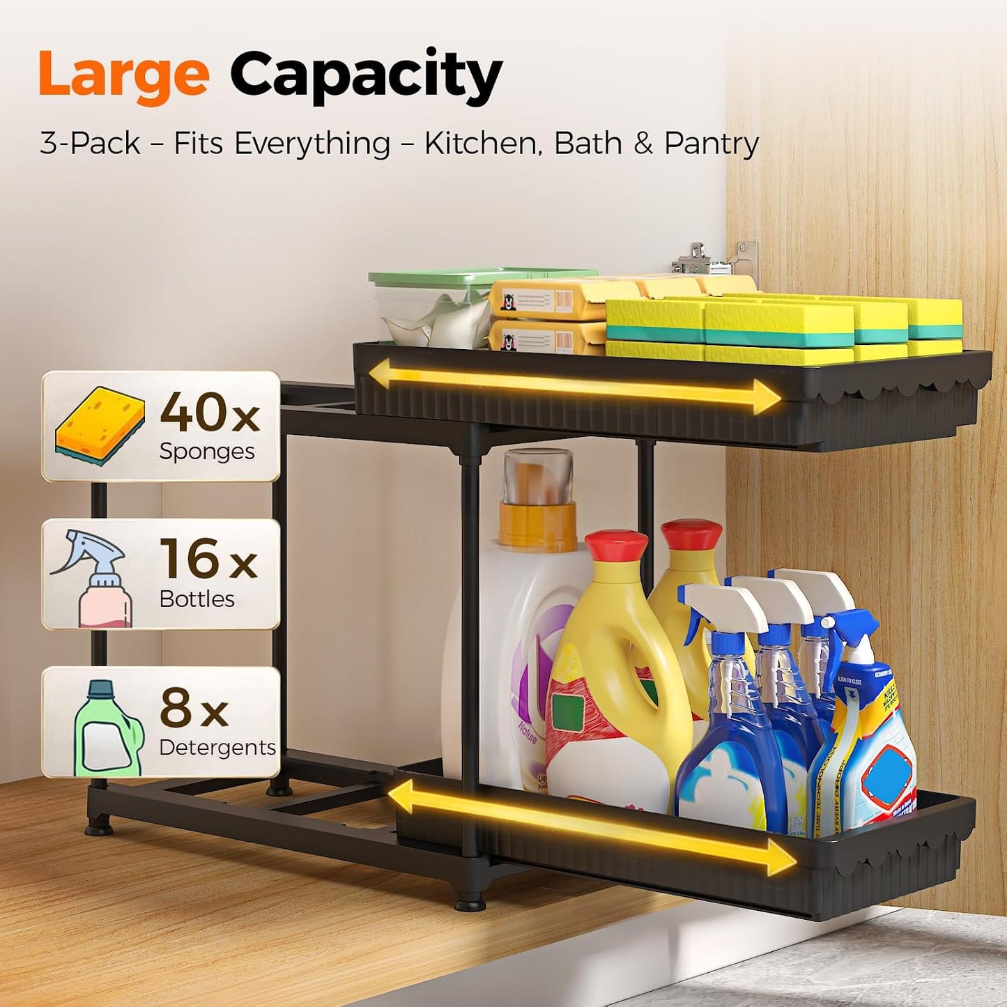 3-Pack 2-Tier Under Sink Organizers with Sliding Drawers | Multi-use kitchen & bathroom storage, 12.8 inch black cabinet organizer, space-saving sliding drawer design.