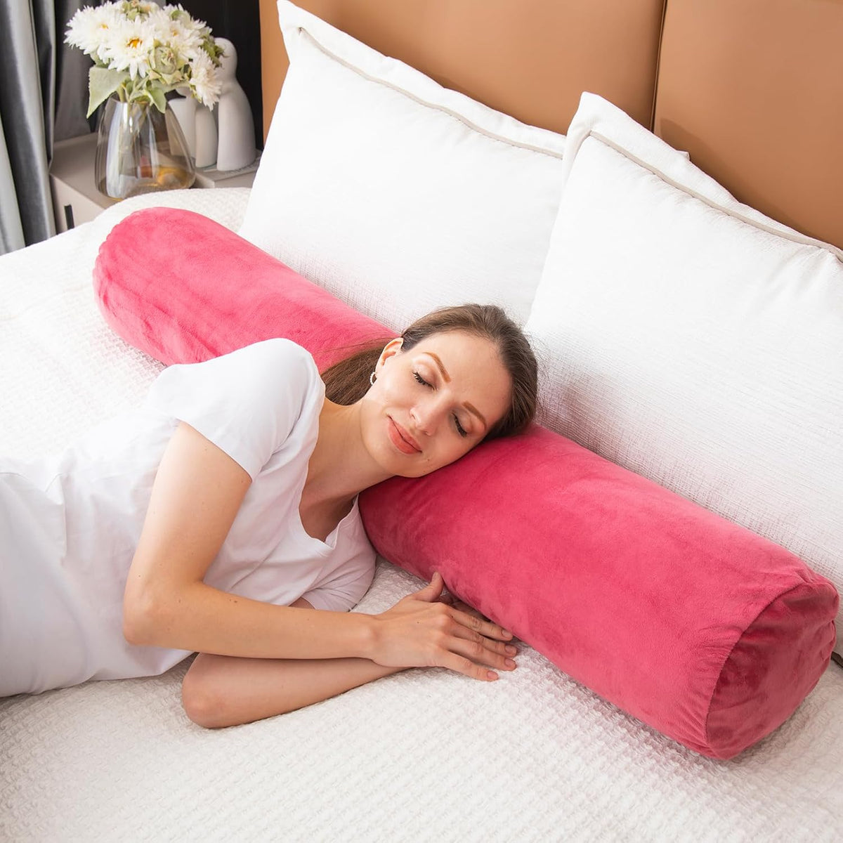 1 MIDDLE ONE Body Pillow for Adults, Bolster Pillow with Removable Velvet Cover, Long Round Cervical Roll Pillow, 35 x 7.87 Inches, Blue