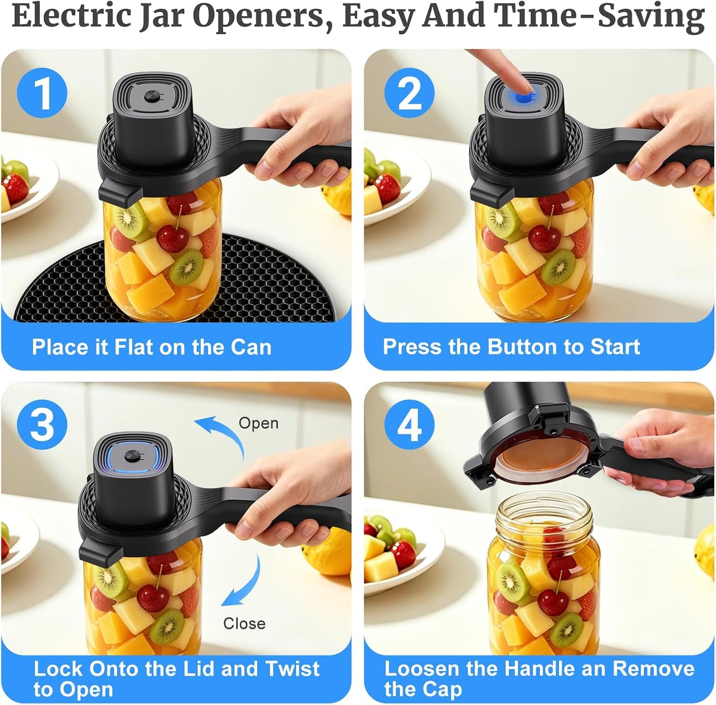 Electric Jar Opener for Seniors with Power Clamp Technology, 2-in-1 Patent Automatic Jar & Bottle Opener, 800mAh Rechargeable, Comes with Bonus Anti Slip Gripper Pad for Beer, Dressing and Jars