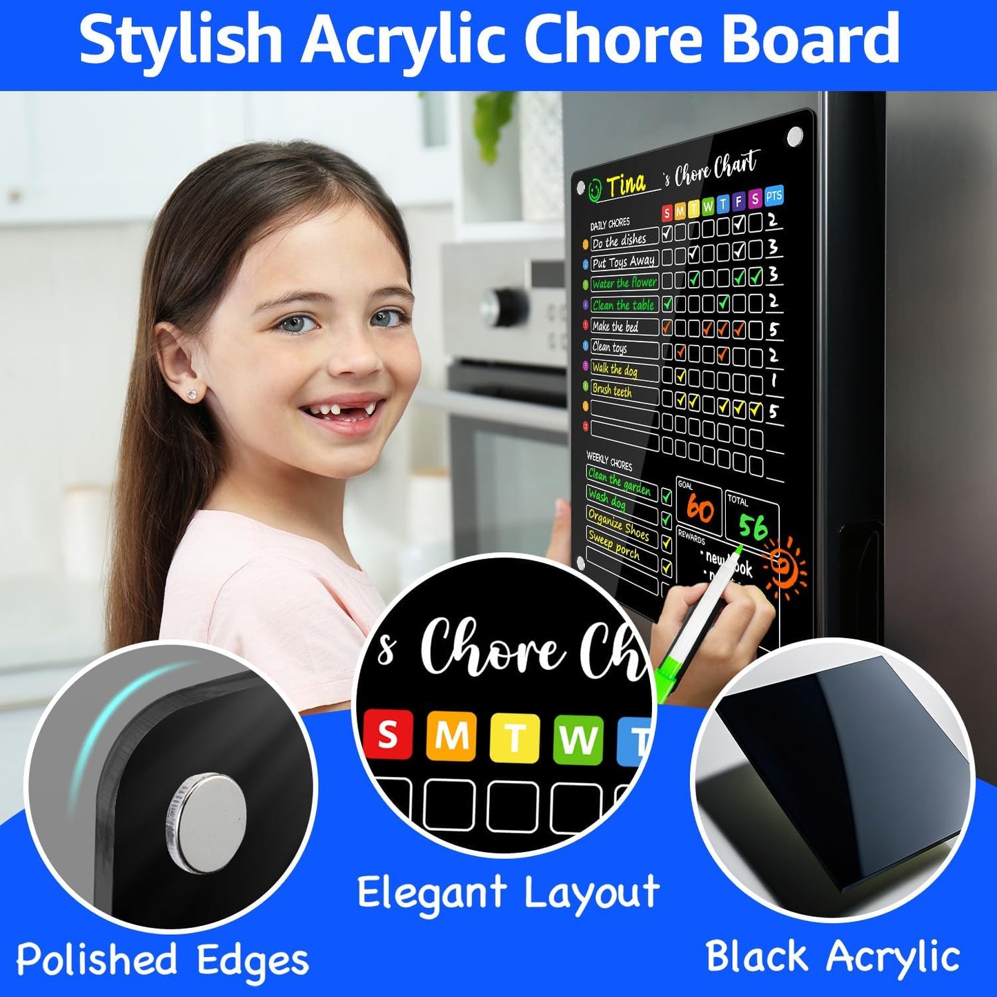 PigPotParty 2-in-1 Acrylic Magnetic Chore Chart for 2 Kids, Large 16x12 in | Clear Dry Erase Fridge Chore Board for Teens, Roommates; Vibrant Layout; Embedded Magnets; 12 Wet-Erase Markers and Towel