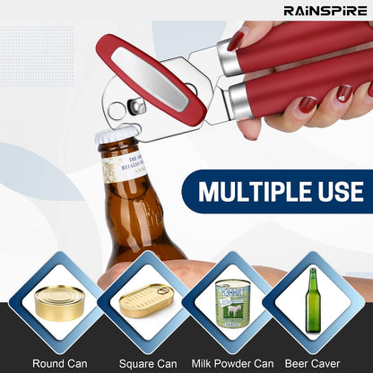 Rainspire Can Opener Manual Handheld Strong Manual Can Opener Smooth Edge Cut, Can Opener Heavy Duty, Comfortable Soft Handle, Built-in Bottle Opener, Turquoise