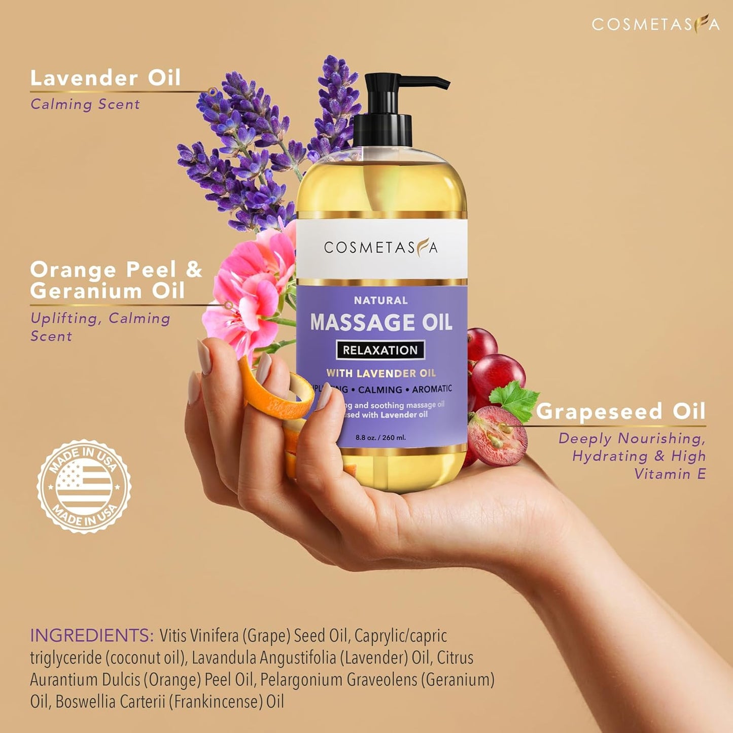 Cosmetasa Massage Oil for Sore Muscle Massage Therapy with Roller - All Natural, Cruelty-Free Massage Oils for Muscle Relaxing & Joint Comfort - Arnica Extract with Lavender & Chamomile Oil (8.8 oz)
