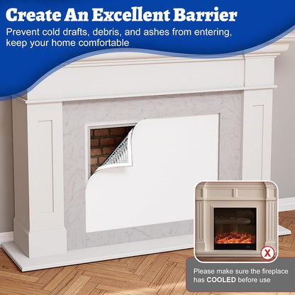 Fireplace Cover, 3-Layer Insulation Fireplace Draft Blocker with Strips, Inside Fireplace Draft Stopper Stops Heat Loss & Keep Drafts Out, Covers Up to 39" x 55" Fireplace, White Surface