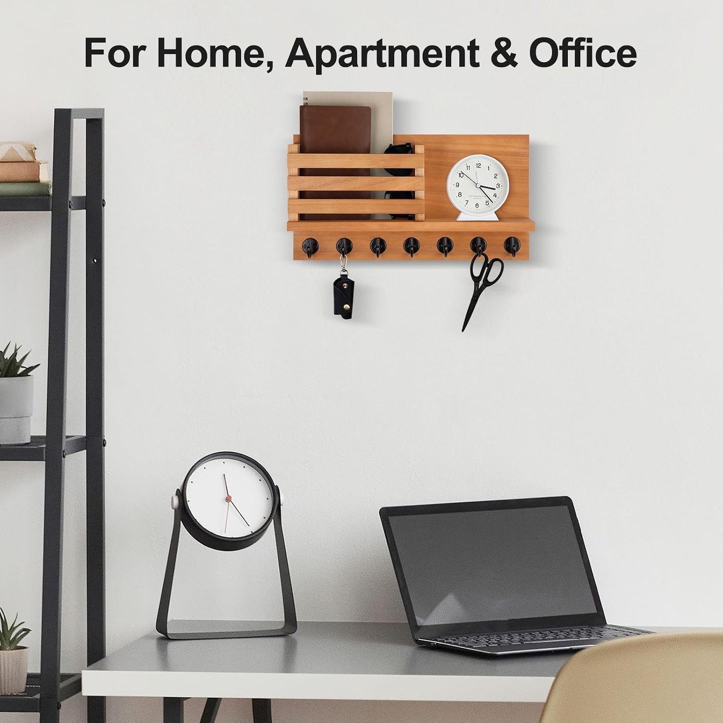 Lwenki Key Holder for Wall – Decorative Wooden Mail Holder and Key Shelf with Mounting Hardware, Installation Guide – Paulownia Wood with Metal Key Hooks (Black, Large - 11.8inch)