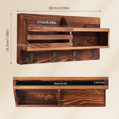 Solid Wood Key and Mail Holder for Wall, Brown | Farmhouse Entryway Organizer with Shelf, For Keys, Wallet, Dog Leash