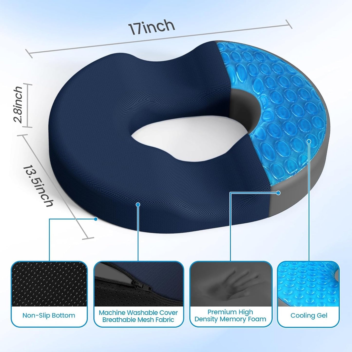 Donut Pillow Seat Cushion, Cooling Gel Memory Foam Chair Cushion, Black | Office, Home & Car Seat Cushion, Butt Pillow for Tailbone Pain Relief, Hemorrhoids and Everyday Sitting Comfort