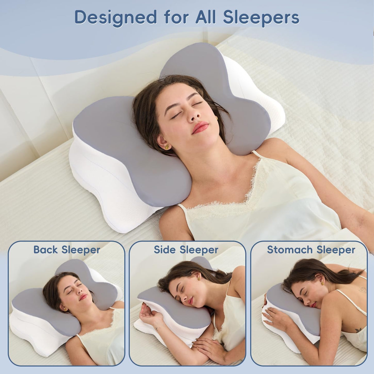 Cervical Neck Pillow,Memory Foam Pillow with Dual Height, Grey