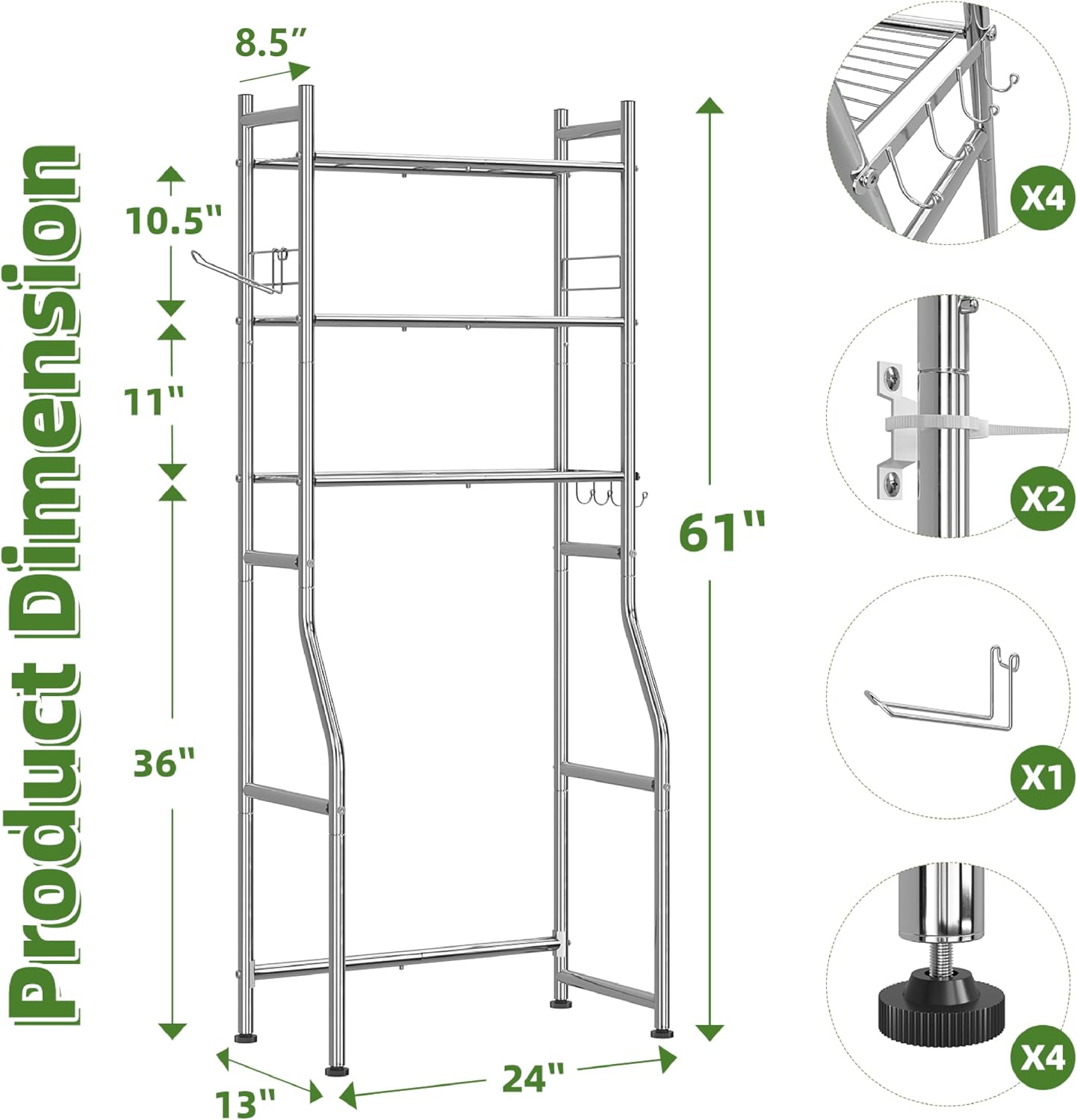 Simple Trending Over The Toilet Storage Cabinet, Metal Bathroom Shelf Organizer with Paper Holder and Hooks, 3 Tier, Black