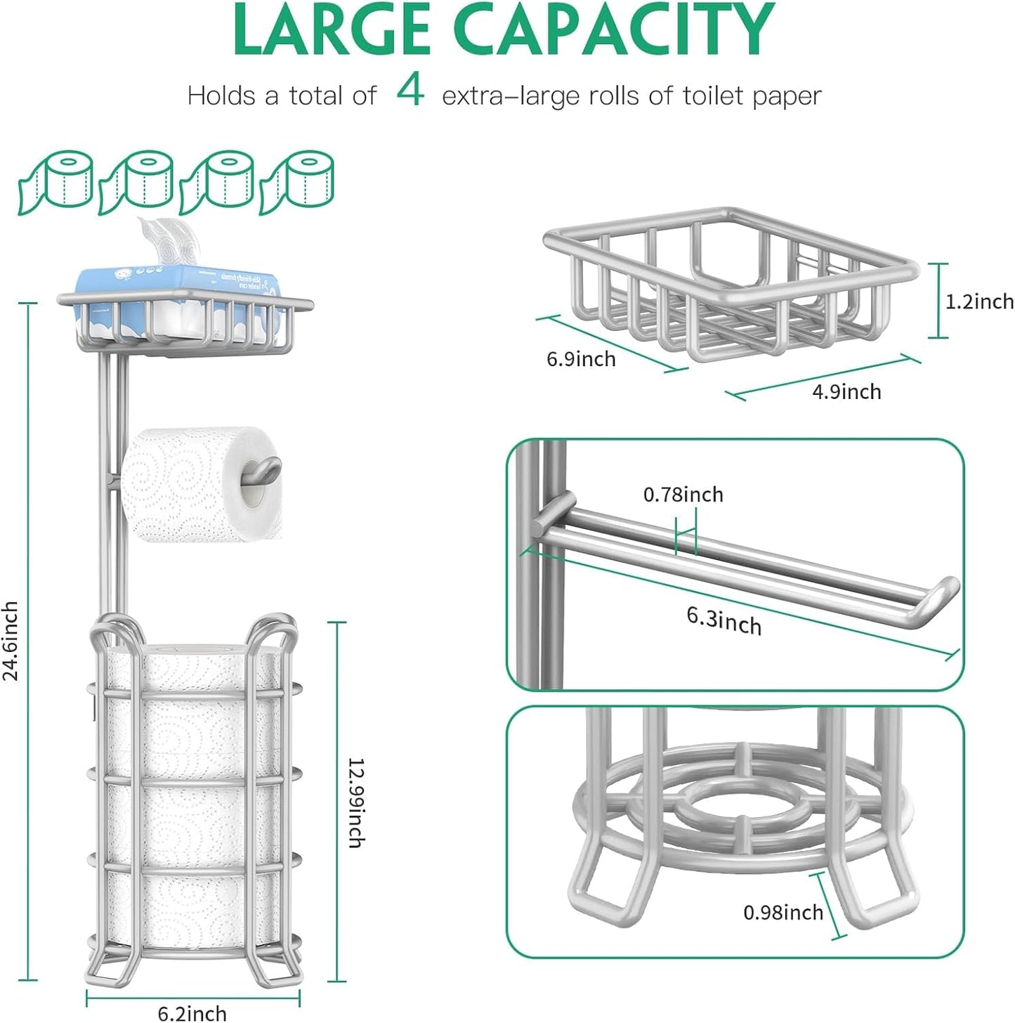 TomCare Toilet Paper Holder Free Standing with Shelf, Stable 4 Raised Feet | Stores 4 Mega Rolls, Tool-Free Assembly, Powder-Coated Metal Frame, Bathroom Storage Organizer for Spare Rolls, Silver