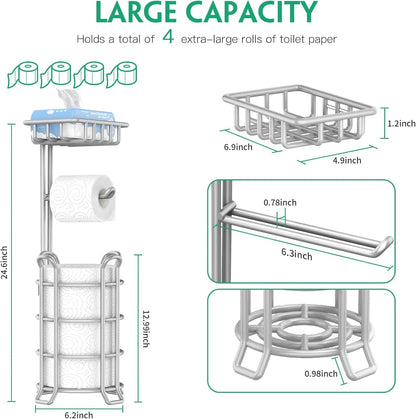 TomCare Toilet Paper Holder Free Standing with Shelf, Stable 4 Raised Feet | Stores 4 Mega Rolls, Tool-Free Assembly, Powder-Coated Metal Frame, Bathroom Storage Organizer for Spare Rolls, Silver