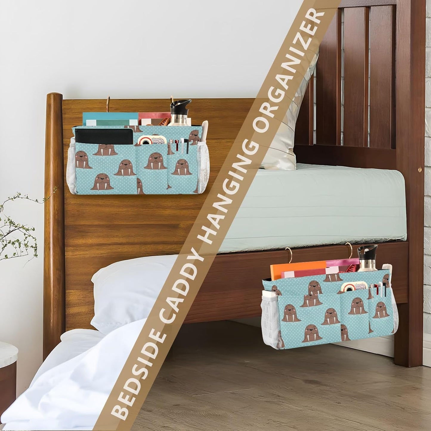 Walrus Blue Print Bedside Caddy Storage Bag Bedside Organizer for Bed Rails College Dorm Room Organizer Caddy Hanging Shelf 6 Pockets with Hooks for Glasses Book Tablet Holder