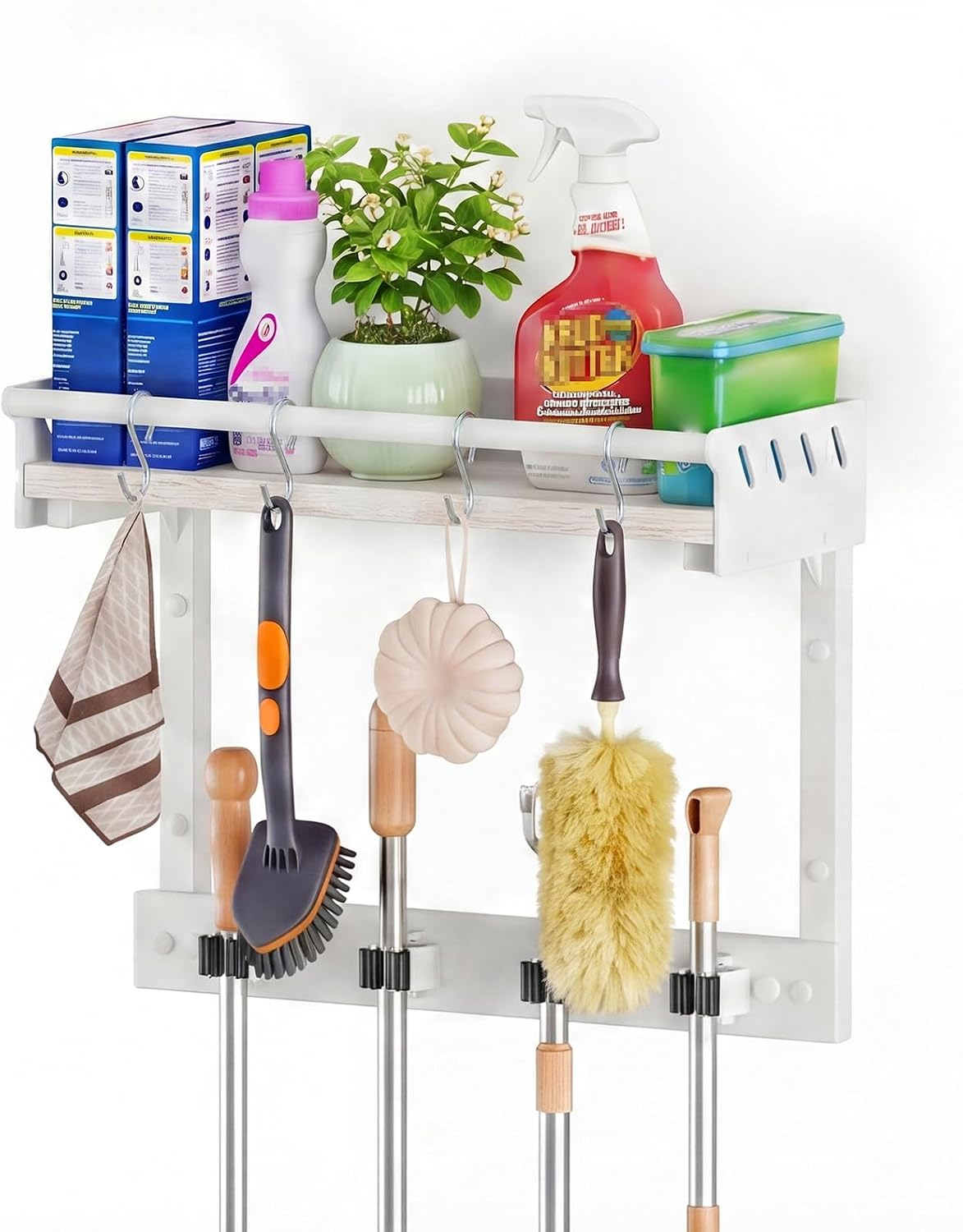 Broom Holder Wall Mount with Shelf, Black, L | 3 in 1 Broom and Mop Organizer, Wall Hanging, For Laundry, Garage, Utility, Vacuum Stand Alternative