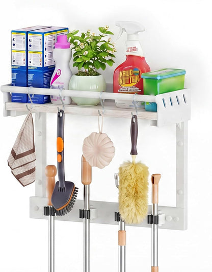 Broom Holder Wall Mount with Shelf, Black, L | 3 in 1 Broom and Mop Organizer, Wall Hanging, For Laundry, Garage, Utility, Vacuum Stand Alternative