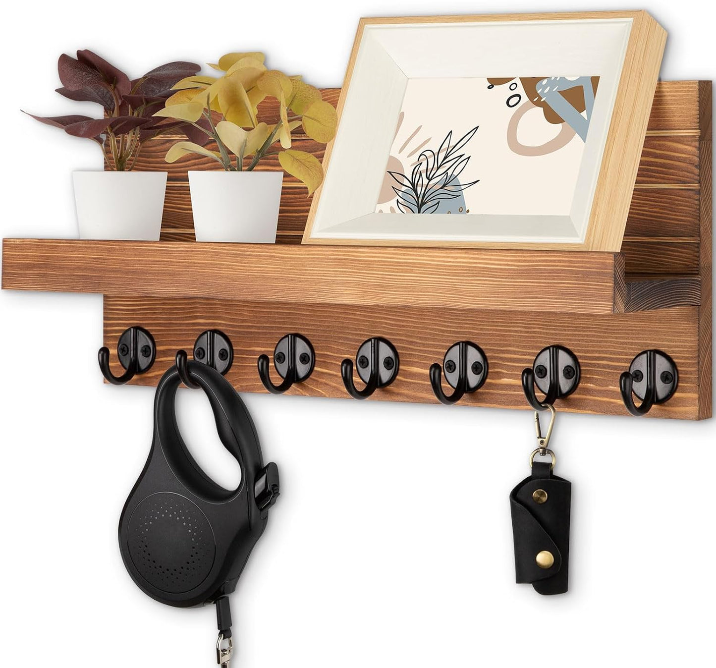 Lwenki Key Holder Wall Mount, Entryway Key and Mail Holder with 7 Sturdy Hooks for Sunglasses, Dog Leash, Decorative Wall Shelf with Mounting Hardware, 15”W x 6.7”H x 4.2”D