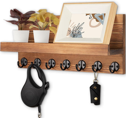 Lwenki Key Holder Wall Mount, Entryway Key and Mail Holder with 7 Sturdy Hooks for Sunglasses, Dog Leash, Decorative Wall Shelf with Mounting Hardware, 15”W x 6.7”H x 4.2”D