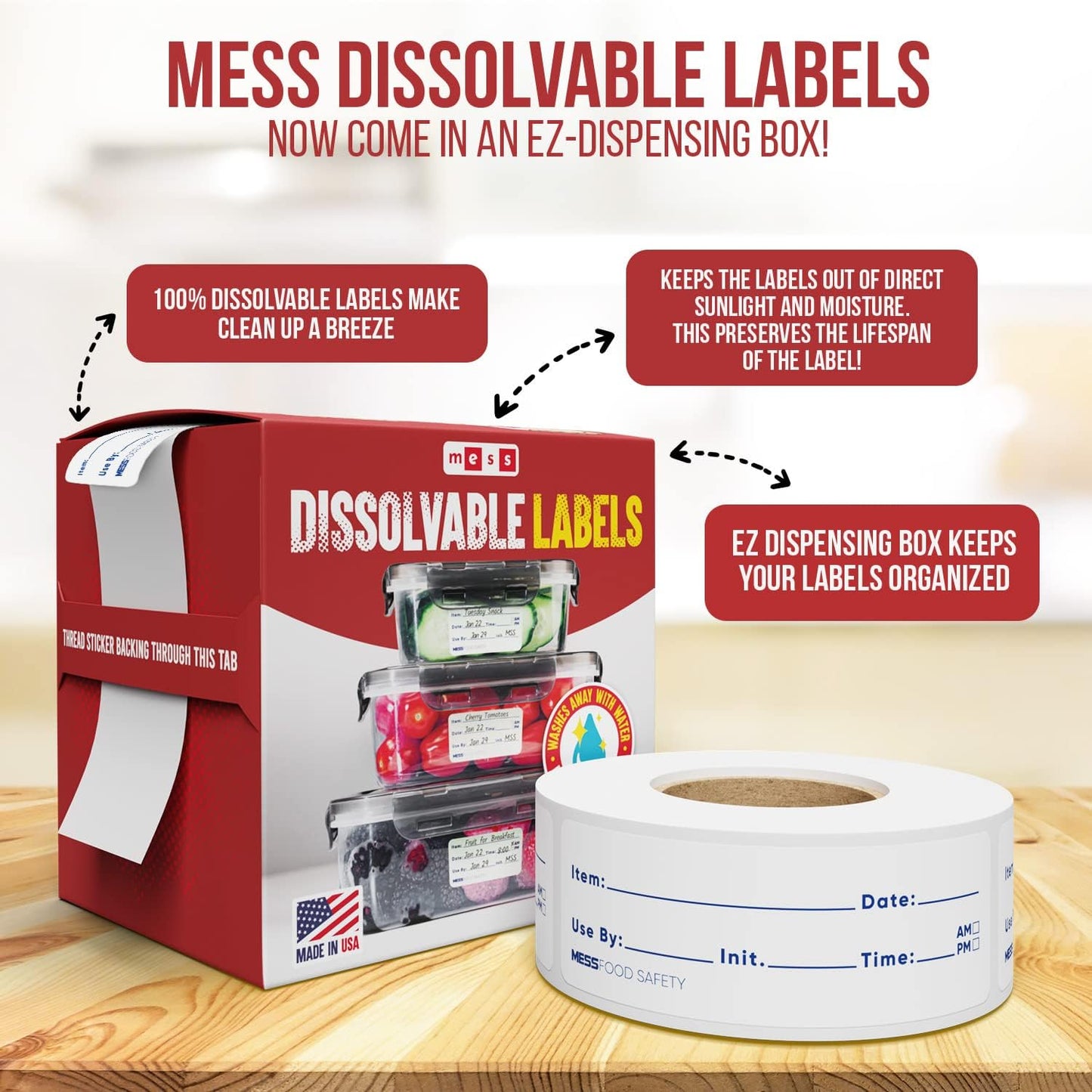 MESS Dissolvable Food Labels for Containers 1x3/2x3 500 Blank Kitchen Labels - Food Storage Labels - Removable Freezer Labels - Dissolvable Labels for Food Containers