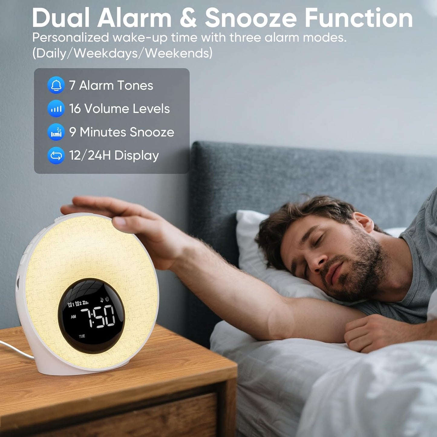 AFEXOA Sunrise Alarm Clock with Wake Up Light & White Noise Machine | 30 Soothing Sounds, 8 Color Dimmable Night Light, Dual Alarm Clocks for Bedroom Heavy Sleepers/Adults/Kids