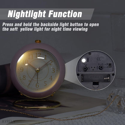 AYRELY® Battery Operated Analog Desk Alarm Clock with Light, Table Clock | Retro Aesthetic Clock with Silent Non-Ticking Movement for Bedside, Bedroom, Kitchen, Office, Travel & Kids' Room(Light Pink)