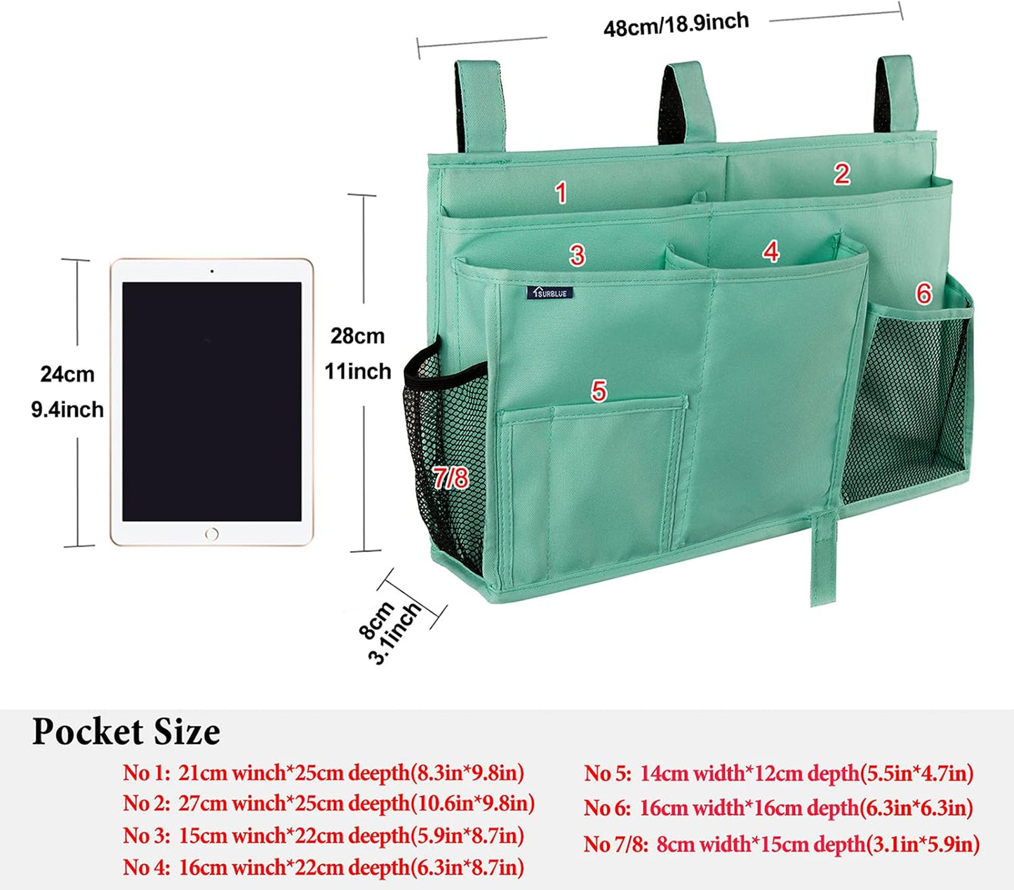 Surblue Bedside Caddy Hanging Organizer Storage Bag Pocket for Bunk, Hospital, College Dorm Rooms, Baby Bed Rails, Camp - 4 Pockets, 2 Hooks (Blue)