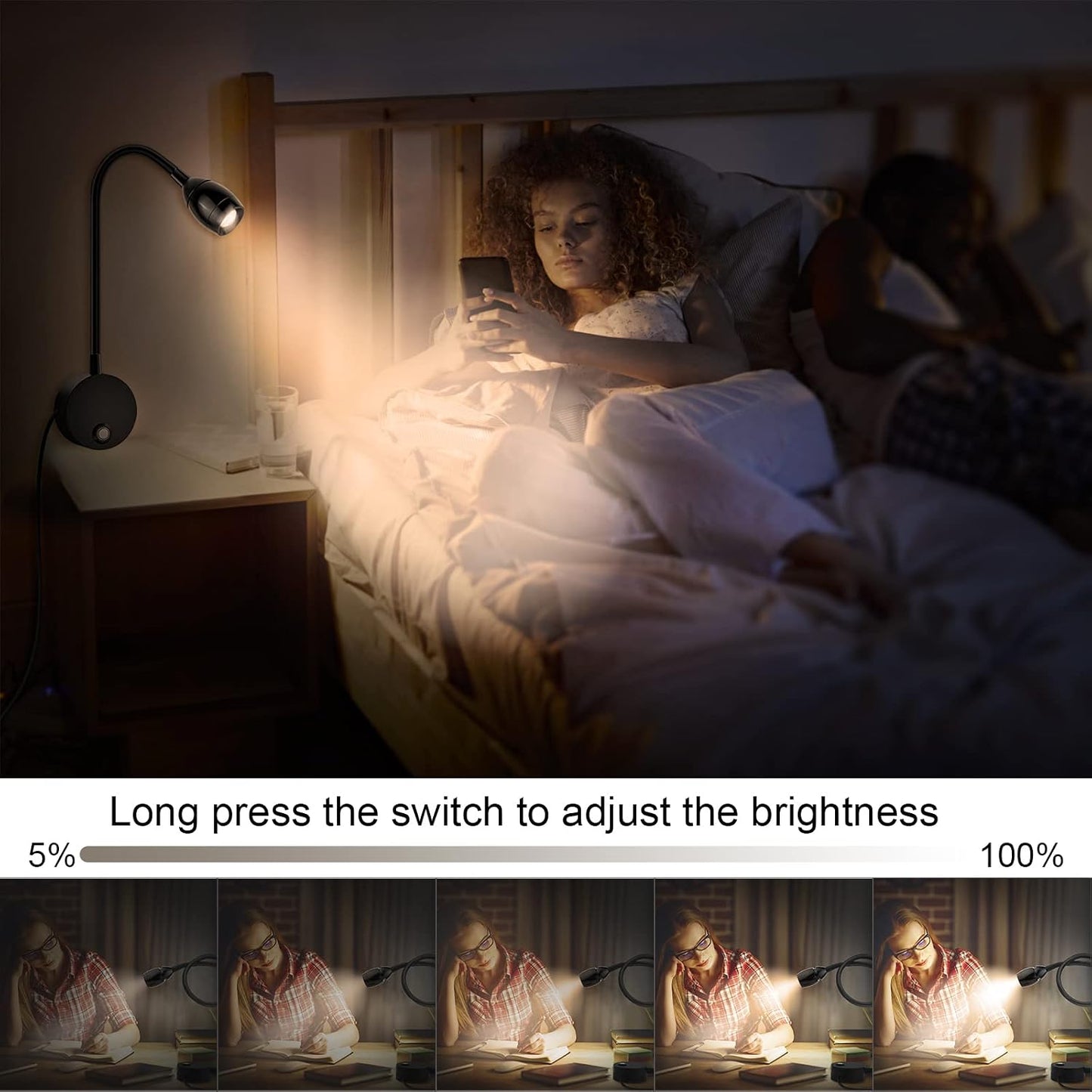 Wall Mounted LED Reading Light with 15" Flexible Gooseneck, Dimmable Book Light for Reading In Bed with USB Charging Port, Plug In Headboard Night Lights, 3 Colors Temperature, Touch Control-2 Pack