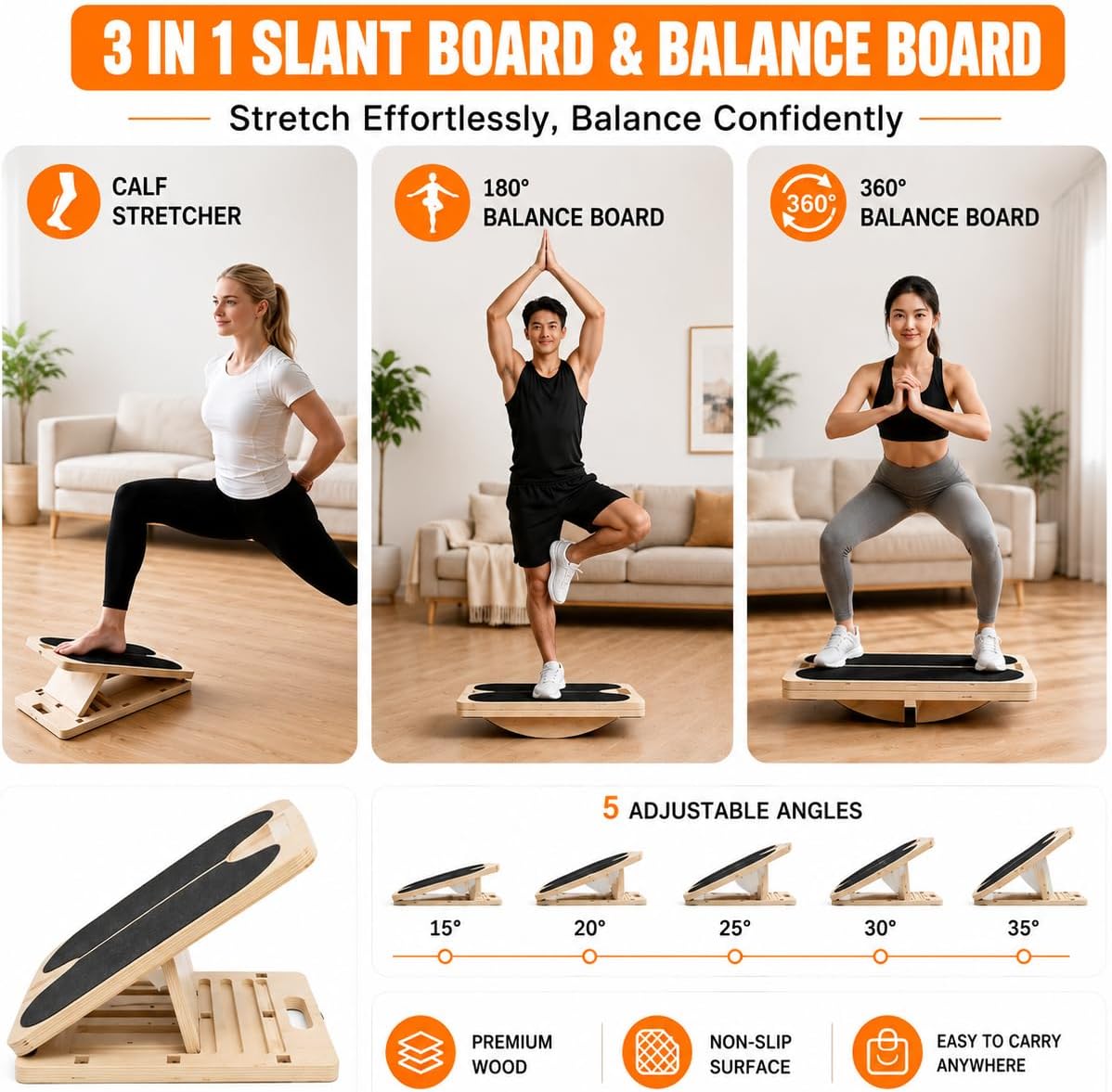 3 in 1 Adjustable Wooden Slant Board for Stretching & Physical Therapy, Anti-Slip 5 Angle Portable Calf & Achilles Tendon Stretching Board, 400 lbs Capacity, Improve Flexibility, Foot Pain Relief