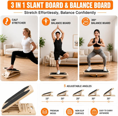 3 in 1 Adjustable Wooden Slant Board for Stretching & Physical Therapy, Anti-Slip 5 Angle Portable Calf & Achilles Tendon Stretching Board, 400 lbs Capacity, Improve Flexibility, Foot Pain Relief