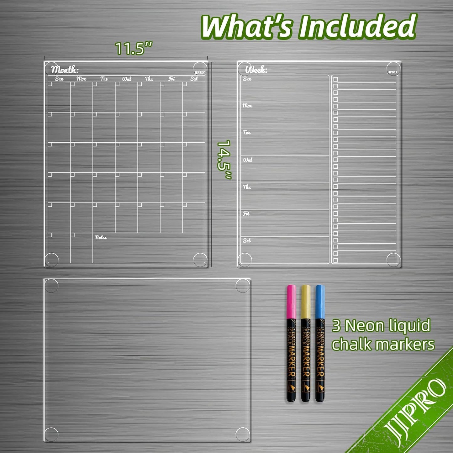 JJPRO Non-Magnetic Dry Erase Calendar for Fridge, Monthly Calendar, Weekly Planning Board Bundle for All Smooth Surfaces. Clear Reusable Calendar Stick to Fridge,Cabinet,Door&Glass