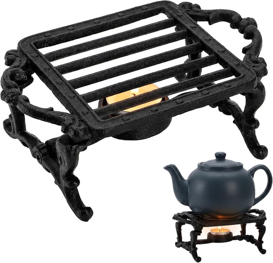 Cast Iron Teapot Warmer | Heavy-duty Teapot Heater with Tealight Holder, Handle, Kettle Stand Coffee Cup Base for Heating Milk, Food, Tea, Soup