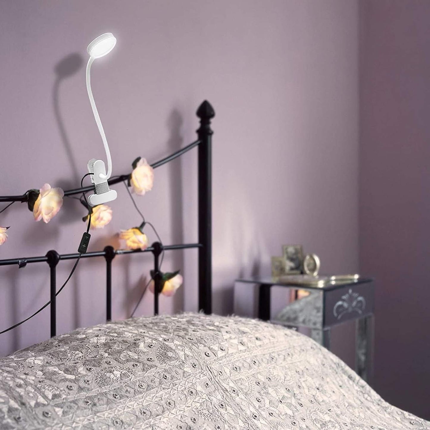 LEPOWER Clip on Light, Book Reading Lamp for Desk, Bed Headboard and Dorm | Adjustable Gooseneck, Color & Brightness Changeable, Adapter Included, LED Table Lamp for Computer, Bedside, Metal, White