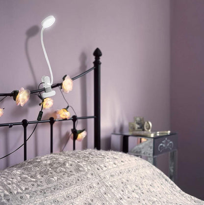 LEPOWER Clip on Light, Book Reading Lamp for Desk, Bed Headboard and Dorm | Adjustable Gooseneck, Color & Brightness Changeable, Adapter Included, LED Table Lamp for Computer, Bedside, Metal, White
