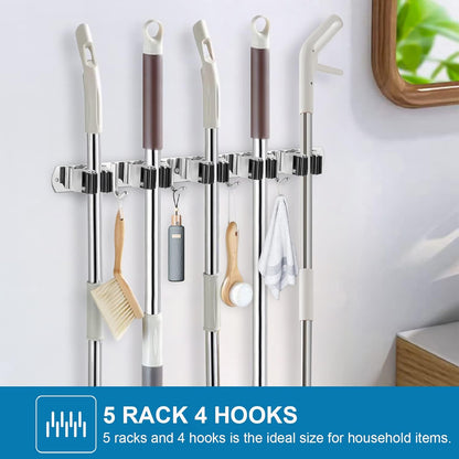 IMILLET 2 Pack Broom Holder Wall Mount Stainless Steel Mop Organizer | 5 Racks 4 Hooks Heavy Duty Garage Organization Storage,Broom and Mop Organizer Wall Hanging Self Adhesive for Laundry Room