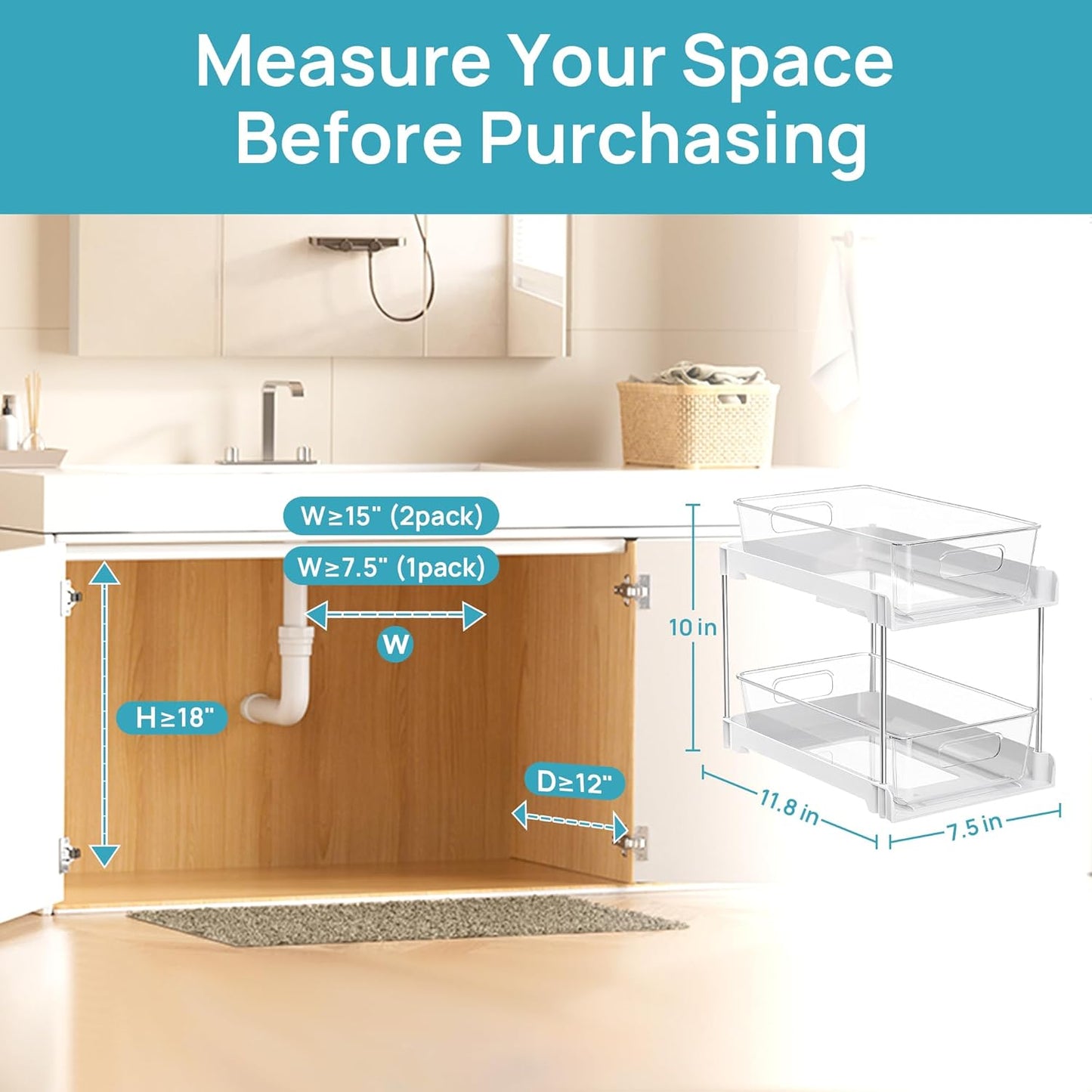 Vtopmart 2 Pack Pull Out Bathroom Under Sink Organizer (S-Standard) | Slide-out drawers, Multi-purpose storage, Clear visibility, Easy Set-up