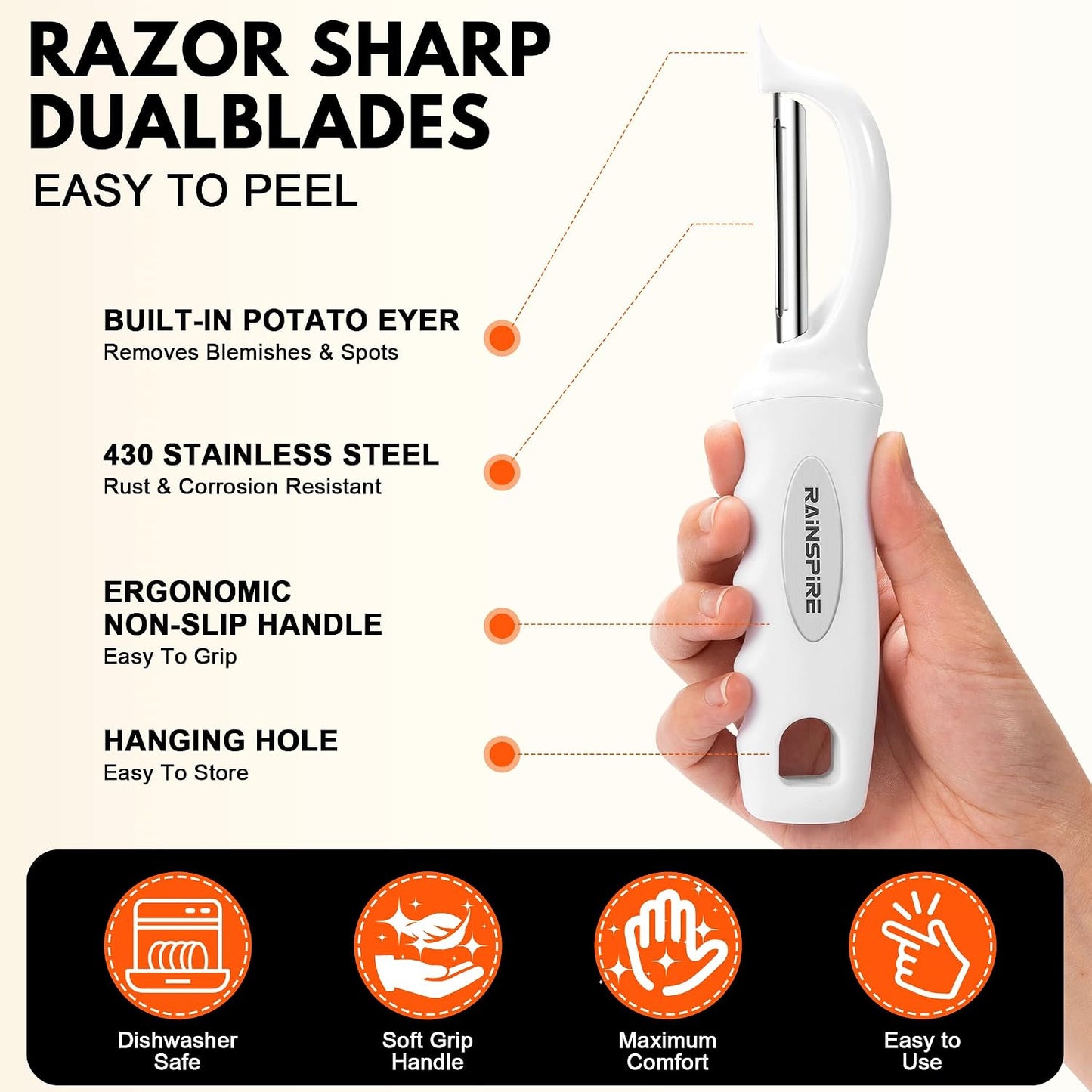 Rainspire Vegetable Peeler Potato Peelers for Kitchen, Sharp Stainless Steel Blades Veggie, Comfortable Handle Fruit Peeler, Carrot Peeler Apple Peeler Dishwasher Safe Black, 1-Pack