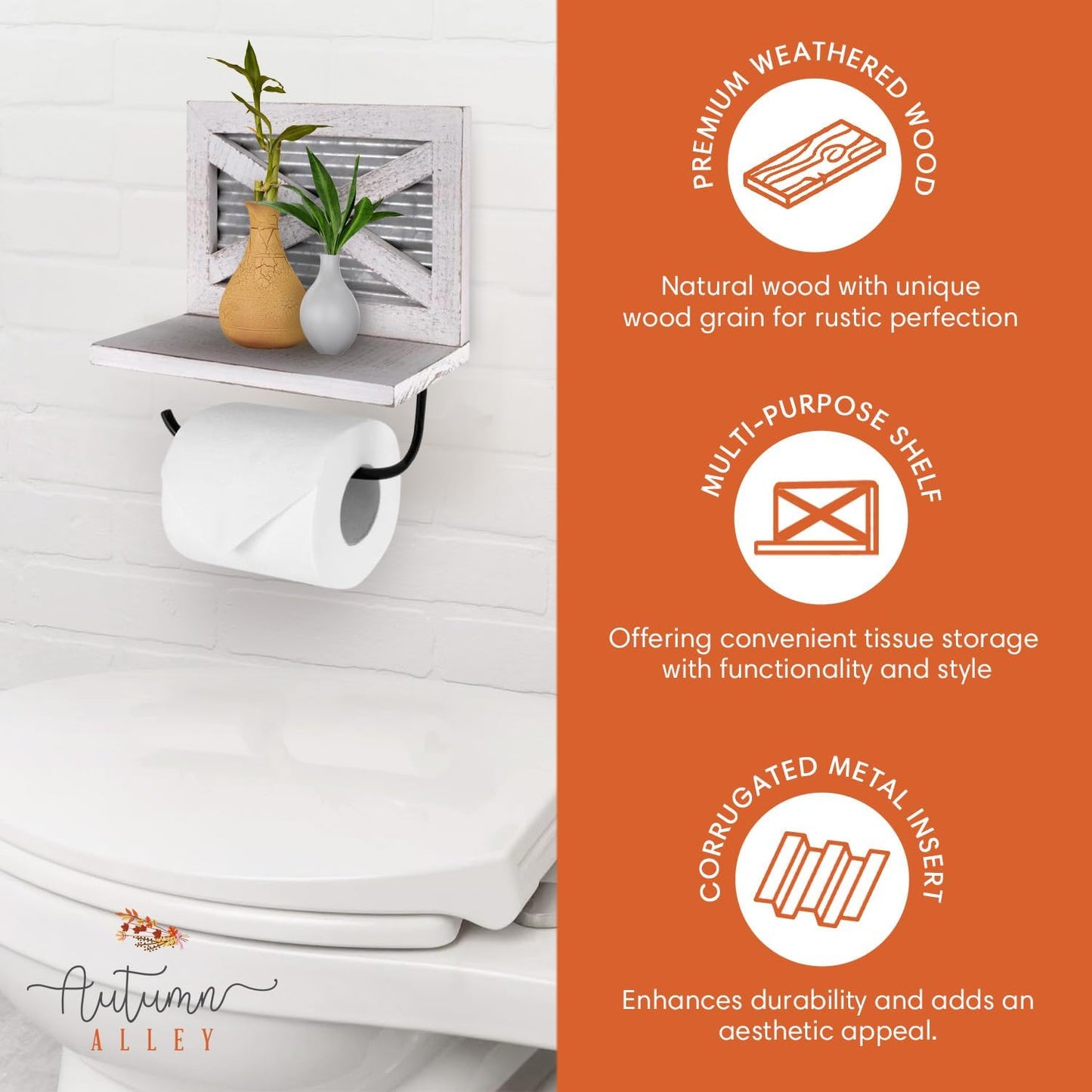 Autumn Alley Rustic Farmhouse Toilet Paper Holder with Shelf for Wipes - Rustic Farmhouse Bathroom Decor - Farmhouse Bathroom Accessories and Western Bathroom Decor Wall Mounted, Brown Wood